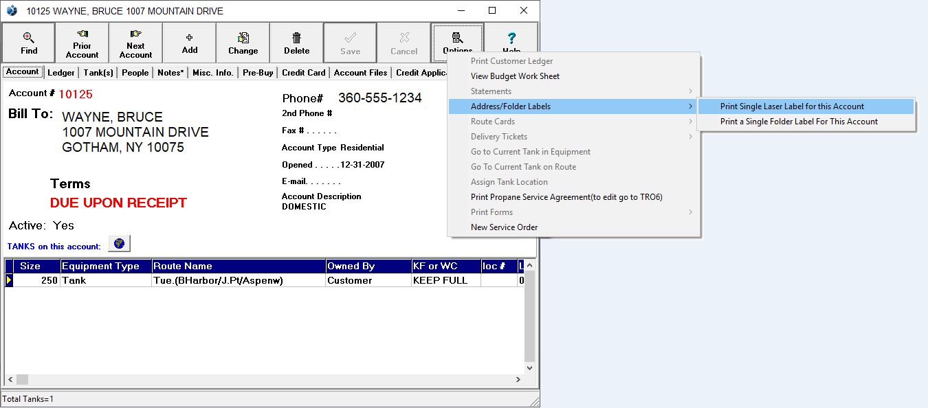 menu option for print single laser label