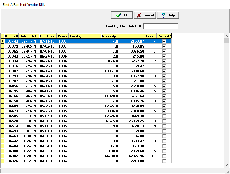screenshot of find a vendor bill batch screen