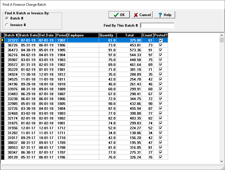 screenshot of find a finance charge batch by batch number