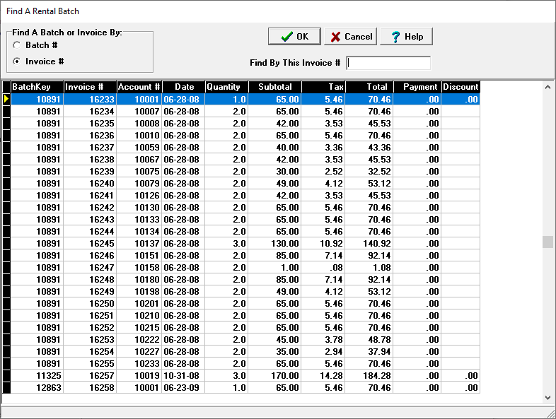 screenshot of the find a rental batch by invoice number window