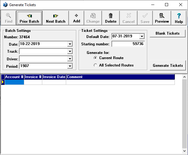screenshot of the generate tickets window